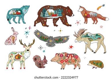 Forest animals Christmas winter vector illustrations set.