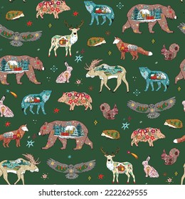 Forest animals christmas winter vector seamless pattern.