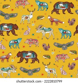 Forest animals christmas winter vector seamless pattern.