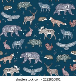 Forest animals christmas winter vector seamless pattern.