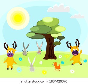 Forest animals in a clearing, dancing, fun, children's drawing, good day, mood, everyone is happy with the sun, moose, hares, foxes, flowers, green grass