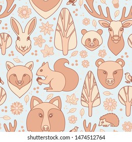 Forest animals collection with decorations. Vector illustration. Seamless pattern