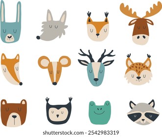 Coleção de animais da floresta. Rostos de animais selvagens desenhados à mão. Ilustrações vetoriais para design de roupas infantis, cartazes, cartões de saudação e convites para festas infantis.