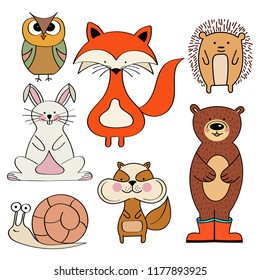 Forest animals collection, fox, bunny, bear, snail, owl, squirrel, hedgehog,  isolated on white background