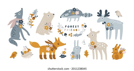 Colección de animales forestales para niños. Fox, wolf, conejito, ciervo, alce, badger, ardilla, erizo, ave. Animales dibujados a mano para fiesta infantil, Invitación, Montessori, Feliz cumpleaños. Diseño y decoración para los niños