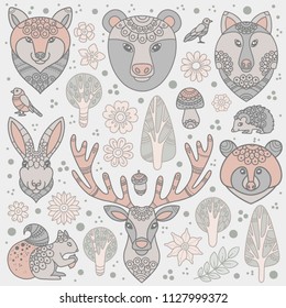 Forest animals collection with mandala element. Vector illustration.