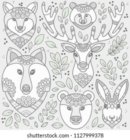Forest animals collection with mandala element. Vector illustration.