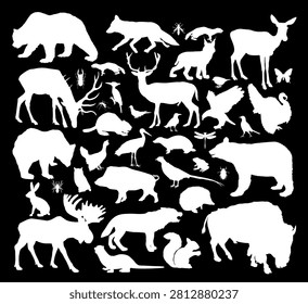 Forest animals collection vector silhouette isolated. Wildlife animal set in nature habitat. Predator hunter and prey. Ecosystem  food chain. Herbivore and carnivore shape. Mammals birds and rodents.