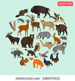Forest animals color flat icons set