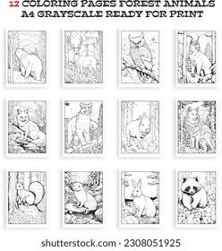 Forest animals coloring book, vector. 12 coloring pages illustration with forest animals ready for print, A4 grayscale.