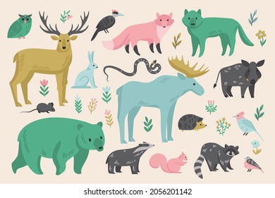 Forest animals composition with set of isolated flowers plants and colored images of wild animals birds vector illustration