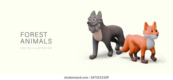 Forest animals concept in cute 3D style. Vector wolf and fox