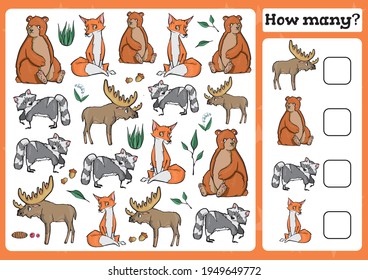 Forest animals Counting Game for Preschool Children. Count how many Educational a mathematical game. 