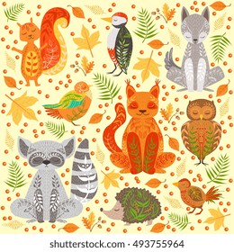 Forest Animals Covered In Crative Ornaments Illustration