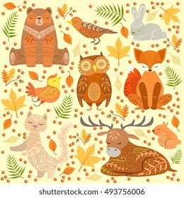 Forest Animals Covered In Ornamental Patterns Illustration