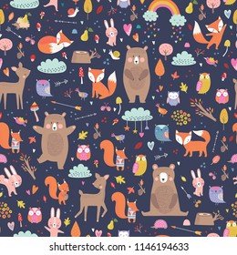 Forest animals cute autumn vector pattern.