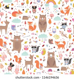 Forest animals cute autumn vector pattern.