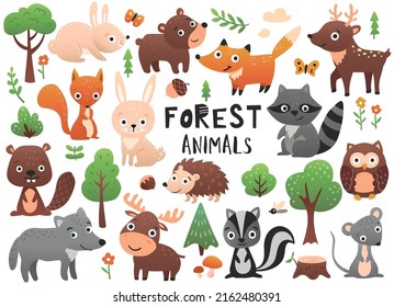 Forest animals with cute bear, fox, bunny, deer and other.  Cute cartoon set.