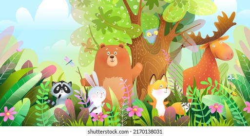 Forest animals cute colorful illustration for children  Bear  moose raccoon rabbit   fox in the wild forest  characters for kids  Vector animals in nature wallpaper for children 