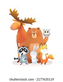 Forest animals cute colorful illustration for children. Bear, moose raccoon bunny and fox and owl, group of animals friends together. Isolated vector clipart.