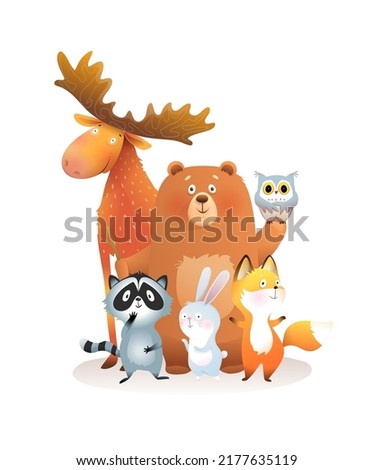 Forest animals cute colorful illustration for children. Bear, moose raccoon bunny and fox and owl, group of animals friends together. Isolated vector clipart.