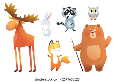 Forest animals cute colorful separate clipart  illustration collection for children  Bear moose raccoon bunny fox   owl  funny adorable animals set  Isolated vector clipart 