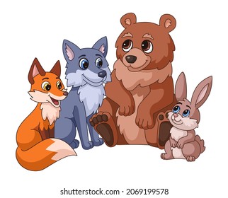 Forest animals. Cute fox wolf bear hare wildlife nature friends