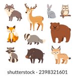 Forest animals. Cute woodland raccoon, owl and bear, fox and hare, wolf and boar, lynx and deer, badger. Happy kid animal characters vector set. Chill wild mammals, isolated fauna characters