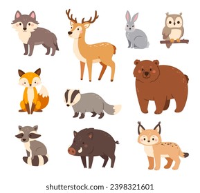 Animales forestales. Racco de bosque, búho y oso, zorro y liebre, lobo y jabalí, lince y ciervo, badger. Juego de vectores de personajes de animales de chico feliz. Matar mamíferos silvestres, personajes de fauna aislados