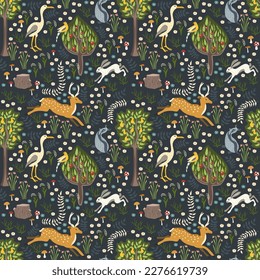 Forest with animals deer, hare, bird, badger. Vector illustration, seamless pattern