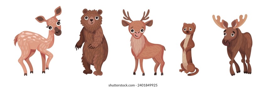 Forest Animals with Deer, Otter, Elk and Bear Vector Set