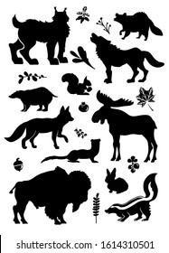 Forest animals detailed vector silhouettes. Woodland and mountain wild nature collection, including leaves, berry, maple, moose, wolf, fox, raccoon, squirrel, ferret, lynx, badger, bison, rabbit,skunk