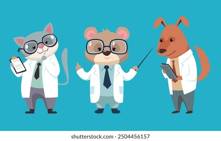 Forest animals in doctors suits isolated set. Vector graphic design illustration element