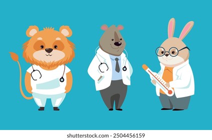 Forest animals in doctors suits isolated set. Vector graphic design illustration element