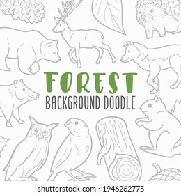 Forest Animals Doodle Banner Icon. Woodland Vector Illustration Hand Drawn Art. Line Symbols Sketch Background.