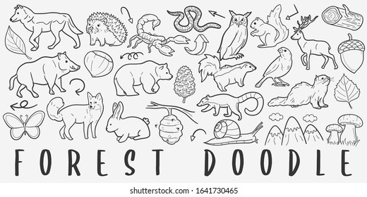 Forest Animals Doodle Line Art Illustration. Hand Drawn Vector Clip Art. Banner Set Logos.