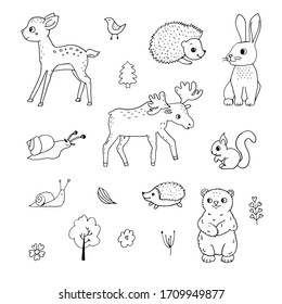 Forest animals. Doodle set. Deer, bear, hedgehog, trees, snails and trees