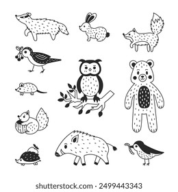 Forest Animals Doodle Set. Hand drawn wildlife characters. Scandinavian woodland Bear owl boar hedgehog badger squirrel hare mouse bird. Outline vector illustration