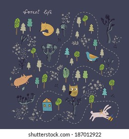 Forest animals. Doodle set. Vector.