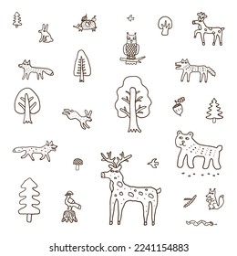 forest animals doodles, cartoon set hand drawn vector illustration
