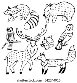 Forest animals drawings set isolated on white background
