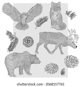 Forest animals drawn by line on a gray background. Owl, bear, fox and deer. Suitable for postcards, packaging or textiles.