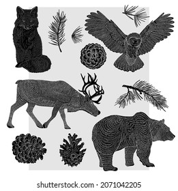 Forest animals drawn by line on a gray background. Owl, bear, fox and deer. Suitable for postcards, packaging or textiles.