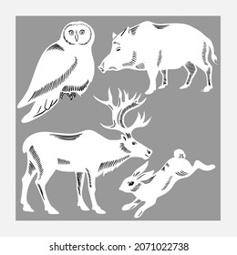 Forest animals drawn on a gray background. Owl, hare, deer and boar. Suitable for postcards, packaging or textiles.