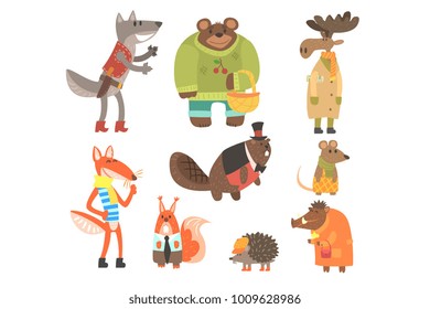 Forest Animals Dressed In Human Clothes Set Of Illustrations