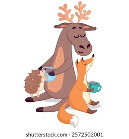 forest animals drinking tea, friends, deer, fox, hedgehog, tenderness, family, love, forest dwellers, animal protection, forest conservation