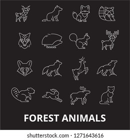 Forest animals editable line icons vector set on black background. Forest animals white outline illustrations, signs, symbols