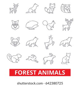 Forest animals, elk, wolf, fox, rabbit, squirrel, hedgehog, hunting deer, bear line icons. Editable strokes. Flat design vector illustration symbol concept. Linear signs isolated on white background