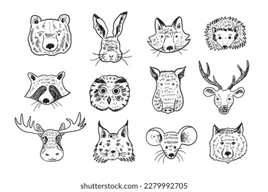 Forest animals face vector line illustrations set.