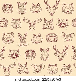 Forest animals face vector line seamless pattern.